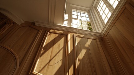 the sun shines through a window in a sauna room with wood paneling and a wood paneled door.