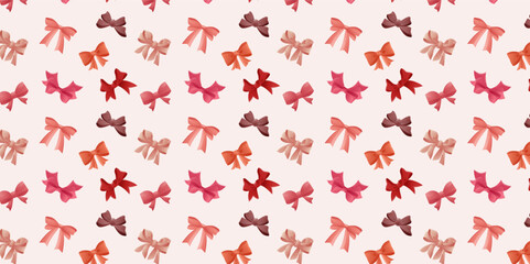 Pattern of pink ornate and red ribbon bows. Bows for gift boxes and hair accessories, seamless vector pattern.