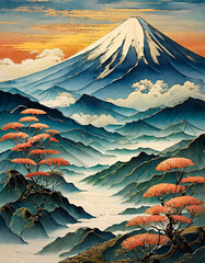 Nature painting in Japanese art style. Everything that exists in nature is an expression of a divinity, called kami. Abstract painting concept. Landscape with Mount Fuji in ukiyo-e style. - obrazy, fototapety, plakaty