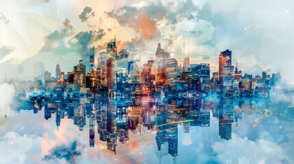 Double exposure of urban cityscape skyline with surreal reflection and dreamy cloudscape - obrazy, fototapety, plakaty