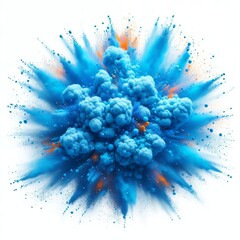 Blue dust particles splash. blue powder explosion isolated on white background.Color Holi Festival. Burst of colors series. Vibrant contrast. Celebration and creativity concept background texture