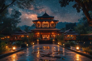 Starlit Night Over Traditional Asian Architectural Beauty.