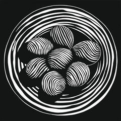 Minimal vector illustration of striped black and white linocut eggs on a plate