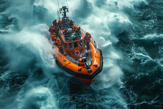 A lifeboat sailing towards a shipwreck to rescue survivors. Concept of maritime rescue. Generative Ai.