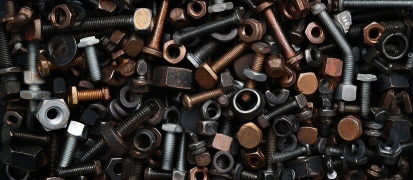 This image features a detailed close-up of various nuts and bolts arranged in a pile on a flat surface.