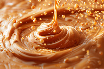 smooth texture of liquid melted caramel cream, poured onto the surface - obrazy, fototapety, plakaty