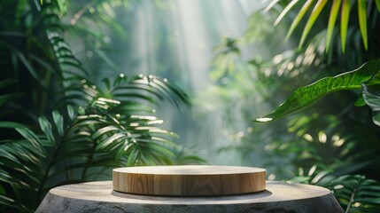 Exotic Makeup Product Concept on Wooden Podium in Tropical Forest Generative AI