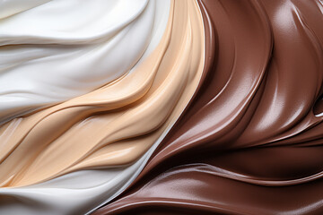 smooth texture of liquid melted chocolate and milk cream, poured onto the surface - obrazy, fototapety, plakaty
