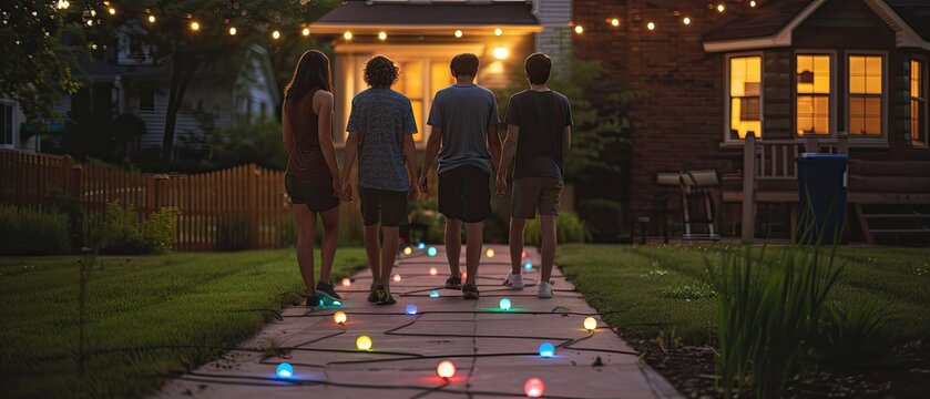 Vibrant Nighttime Neighborhood Block Party: A Dramatic Capture of Festive Energy and Excitement in a Diverse Urban Community