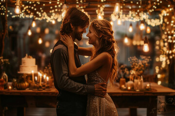 A couple dancing under a canopy of fairy lights, with a cake featuring the number "1" for their baby's first birthday celebration. Generative Ai.