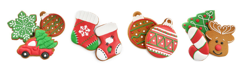 Different tasty Christmas cookies isolated on white, top view