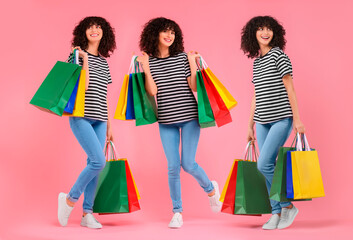 Happy woman with shopping bags on pink background, set with photos