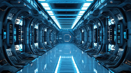Spaceship corridor. Futuristic tunnel with light, Generative AI - obrazy, fototapety, plakaty
