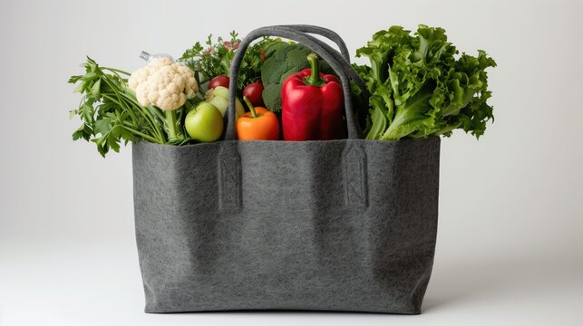 Gray shopping bag with grosseries inside on white background