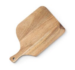 One wooden cutting board on white background, top view
