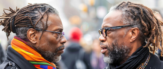 Lively Neighborhood Connection: Animated Dialogue Between Friendly Neighbors Captured in Candid Street Photography Close-Up