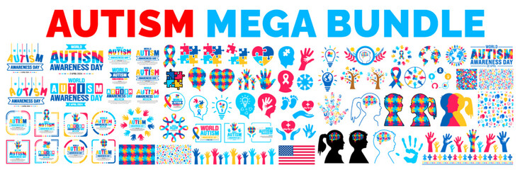 big mega bundle of Autism Awareness Day social media post banner, autism text design, pattern background, puzzle piece, kids raising hand, child hand, ribbon, love icon, child girl, child boy, vector. - obrazy, fototapety, plakaty
