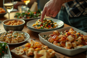 Hand reaching for appetizers on table.