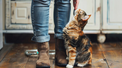 close up cat caresses around its owner's feet - obrazy, fototapety, plakaty