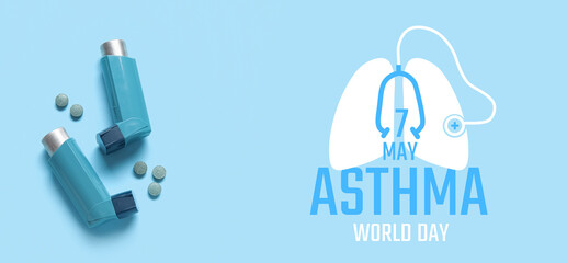 Asthma inhalers with pills on blue background - obrazy, fototapety, plakaty