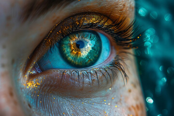 eye with vibrant green iris, futuristic artwork, macro, close up, green, blue color, diversity