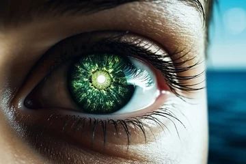 Draagtas eye iris with a reflection of nature, trees and sky, futuristic artwork, macro, close up, green, environmental protection © zgurski1980