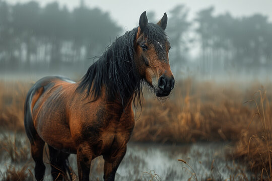 A loyal search and rescue horse braving rugged terrain to locate missing persons, guided by its keen senses and unwavering determination. Concept of dedication and companionship. Generative Ai.