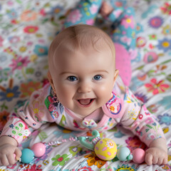 Fototapeta na wymiar Delightful Time - A Joyous Baby Girl Enjoys Tummy Time with her Floral Blanket and Colorful Toys