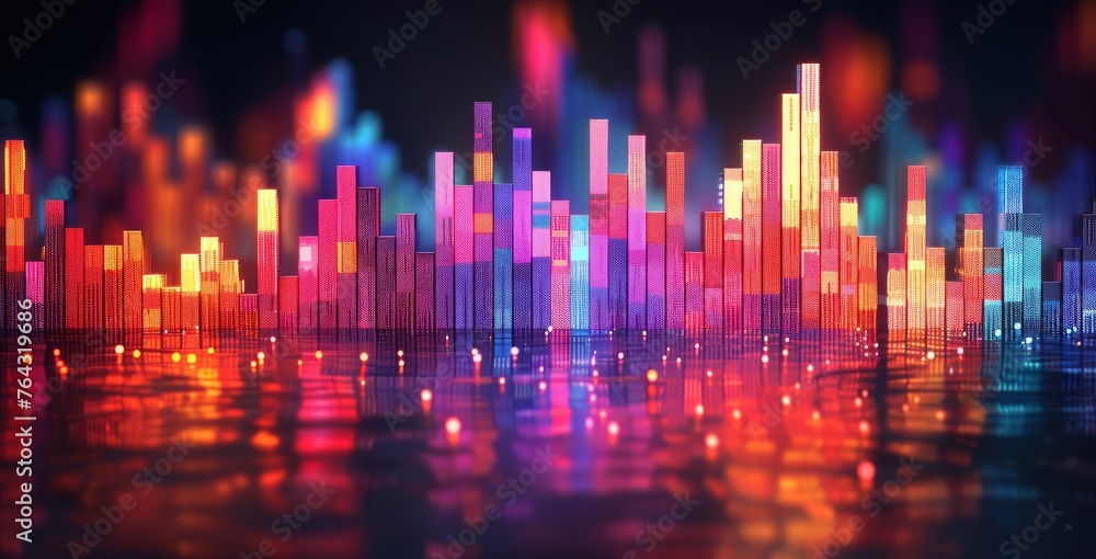Poster colorful data visualization of a city's growth and economic trends through abstract statistics, gene