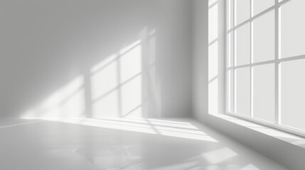 Minimalist White Corner Studio Setup for Product Showcase with Shadowy Window Silhouette Generative AI