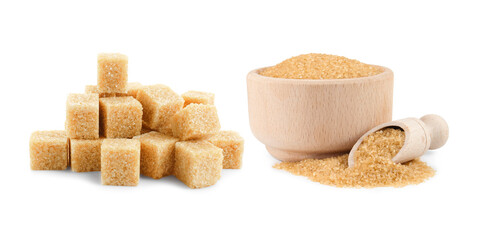 Brown sugar cubes and granulated isolated on white