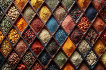 A mosaic of vibrant spices arranged in geometric patterns, showcasing the rich tapestry of flavors from around the globe. Concept of global spice diversity. Generative Ai. - obrazy, fototapety, plakaty