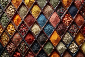 Deurstickers A mosaic of vibrant spices arranged in geometric patterns, showcasing the rich tapestry of flavors from around the globe. Concept of global spice diversity. Generative Ai. © Sebastian