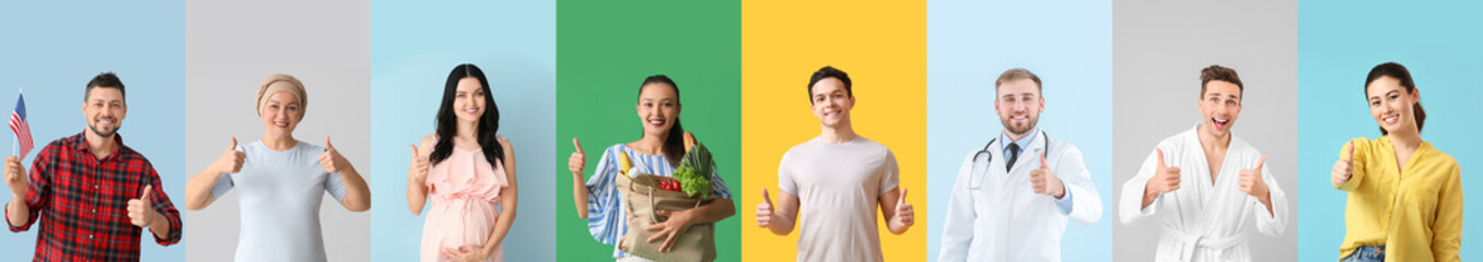 Set of people showing thumb-up gesture on color background