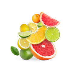 Stack of different citrus fruits isolated on white