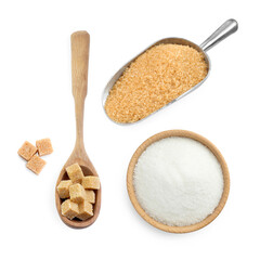 Different types of sugar isolated on white, top view