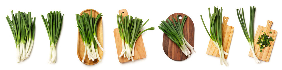 Set of fresh green onion isolated on white, top view