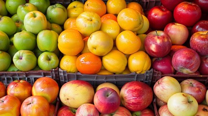 A display of a variety of apples and oranges in bins, AI