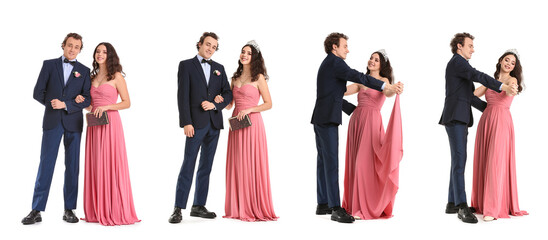 Set of young couples dressed for prom on white background © Pixel-Shot