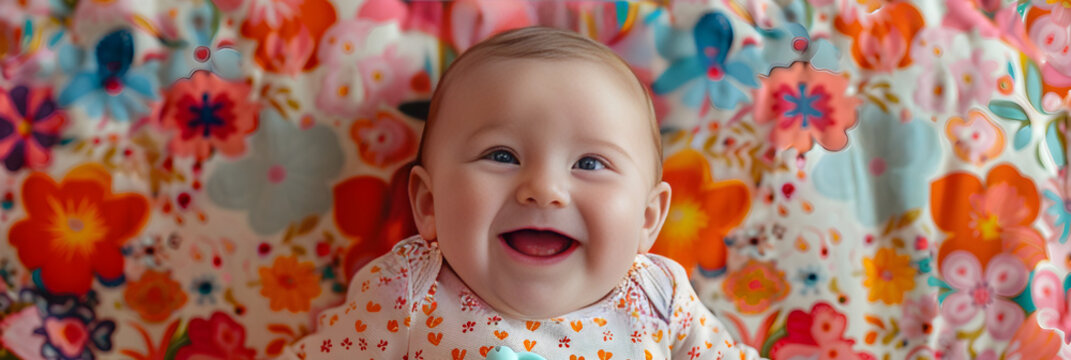 Delightful Time - A Joyous Baby Girl Enjoys Tummy Time with her Floral Blanket and Colorful Toys