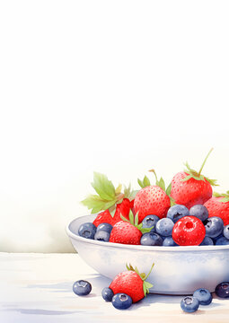 Watercolor illustration with ripe strawberries and blueberries in a white plate on a table on a light background with copy space. Berries on a white background. Healthy eating