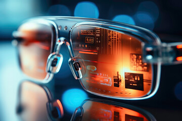 Futuristic smart sunglasses. AR glasses. Digital data shown on glasses. Augmented reality. Integration of digital data with the user environment in real-time