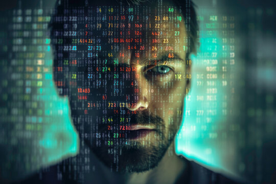 Man covered with digital characters. Artificial intelligence model. Human avatar. Face recognition. Big data representation. Mapping data. Data science