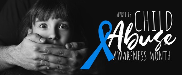 Awareness banner for National Child Abuse Prevention Month with father covering mouth of his scared...