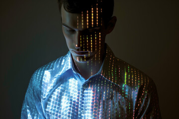 Portrait of man covered with laser lights. Learning AI model. Futuristic interaction of human and new technology. Scanning identity. Science research