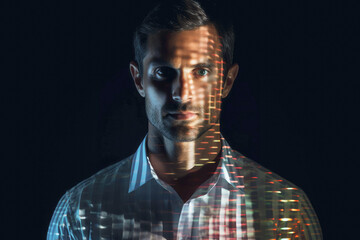 Portrait of man covered with laser lights. Learning AI model. Futuristic interaction of human and new technology. Scanning identity. Science research
