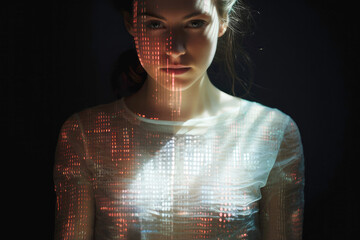 Portrait of woman covered with laser lights. Learning AI model. Futuristic interaction of human and new technology. Scanning identity. Science research