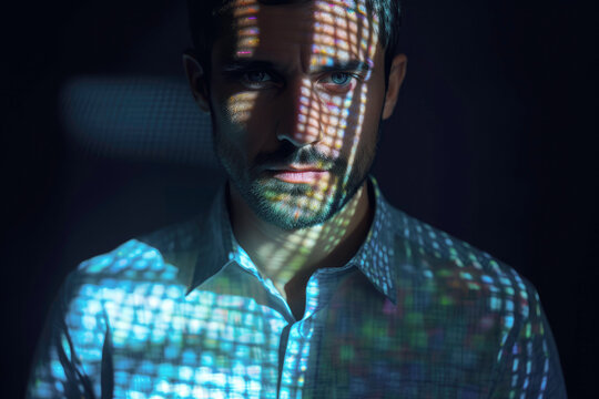Portrait of man covered with laser lights. Learning AI model. Futuristic interaction of human and new technology. Scanning identity. Science research