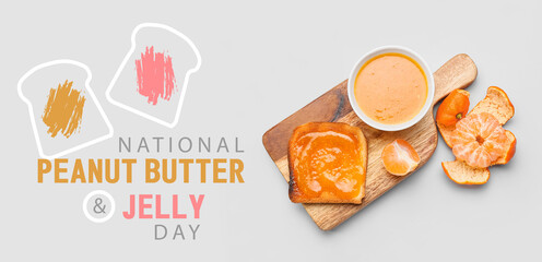 Board with bowl of tasty tangerine jam and toast on white background