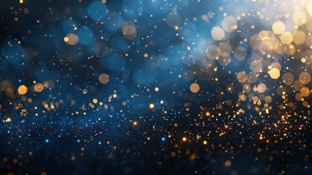 Abstract bokeh background. Gold bokeh on defocused dark blue background